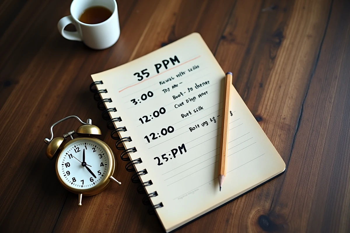 Plat posé avec une horloge vintage, un carnet manuscrit avec des exemples d'heures en anglais AM et PM et une tasse de café