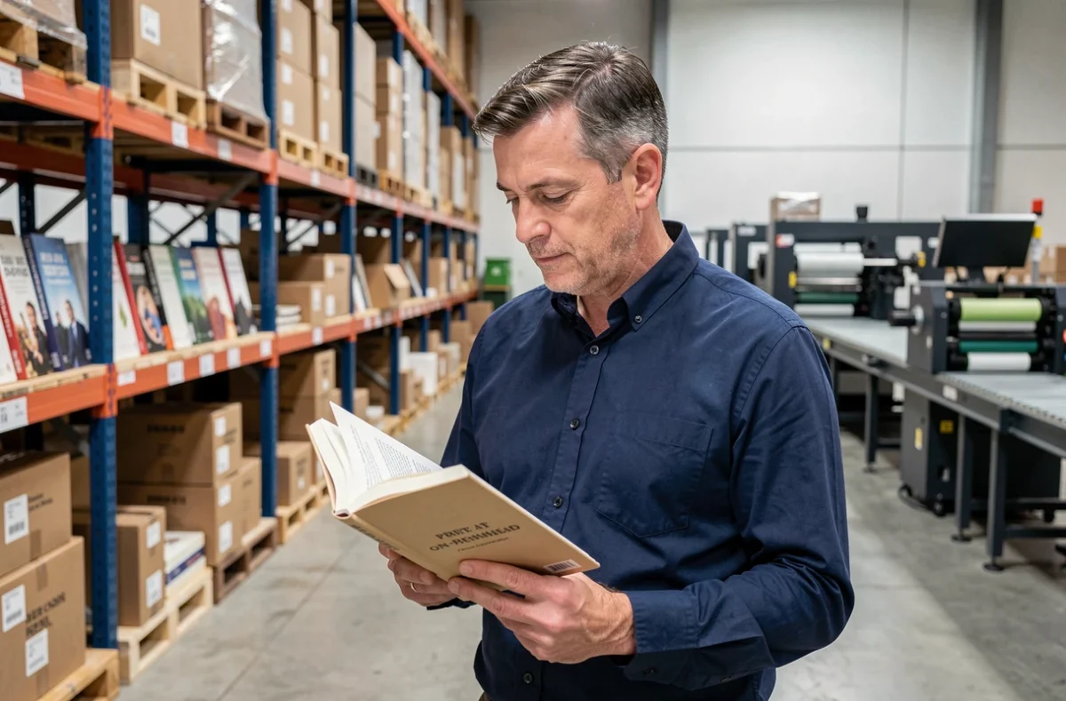 Homme inspectant un livre imprimé à la demande dans un entrepôt de plateforme d'édition en ligne