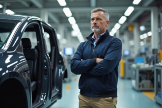 Ingénieur automobile devant un véhicule électrique en usine