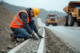 Ingénieur de chantier vérifiant la route en gravier