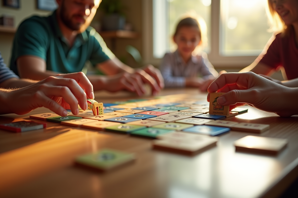 Partie de Rummikub en cours sur une table en bois avec mains de joueurs