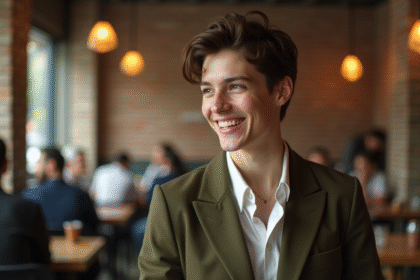 Jeune adulte nonbinaire en conversation dans un café urbain