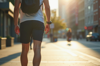 Jeune adulte marchant dans la ville avec un tracker fitness