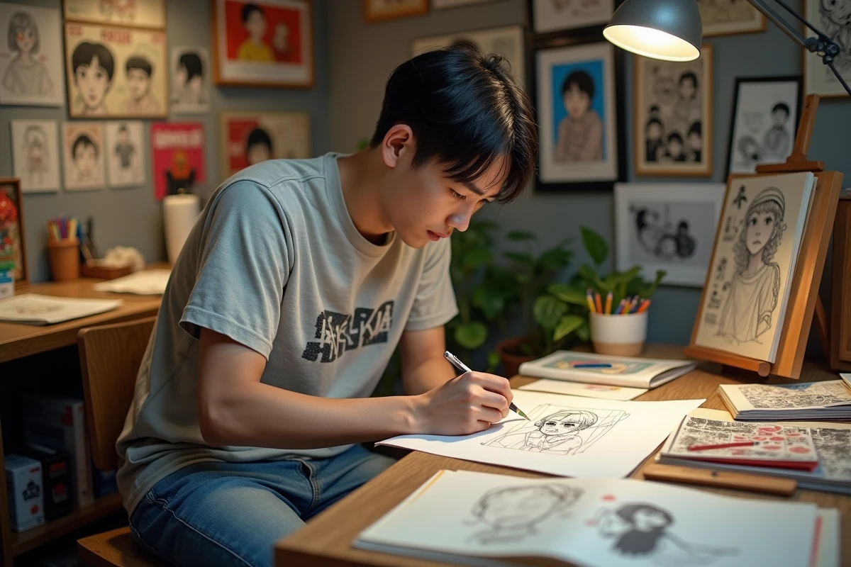 Jeune artiste japonais en train de dessiner dans son studio vintage