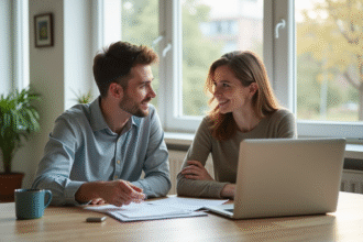 Jeune couple discutant à un bureau lumineux avec documents et ordinateur