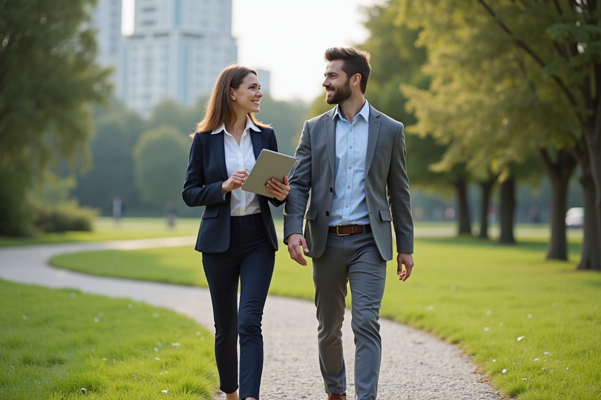 Jeune couple marchant dans un parc urbain avec une tablette