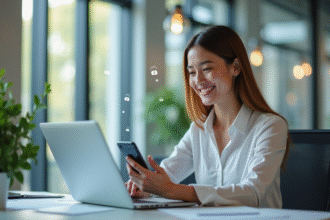 Jeune femme d'affaires souriante utilisant son smartphone et ordinateur dans un bureau lumineux