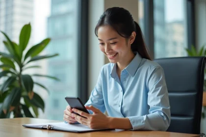 Jeune femme d'affaires souriante utilisant son smartphone dans un bureau moderne