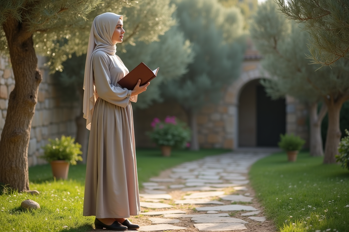 Jeune femme en tenue modeste dans un jardin contemplatif