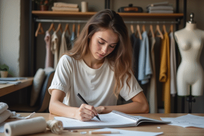 Jeune femme en train de dessiner des vêtements dans un atelier créatif