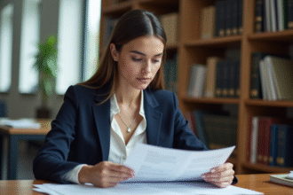 Jeune femme en blazer bleu lit des documents juridiques