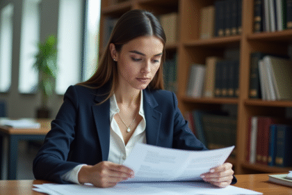 Jeune femme en blazer bleu lit des documents juridiques