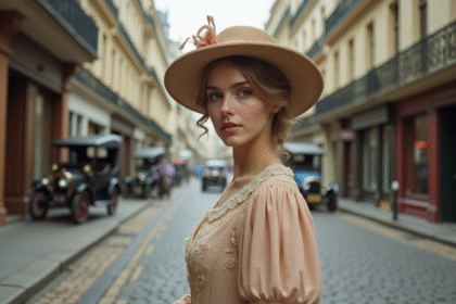 Jeune femme en robe vintage et chapeau à Paris