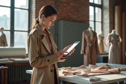 Jeune femme en trench asymetrique dans un studio de mode