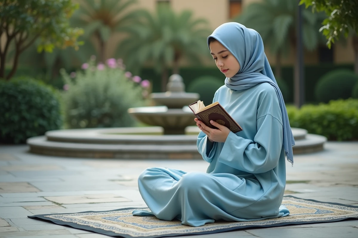 Jeune femme musulmane priant dans un jardin paisible