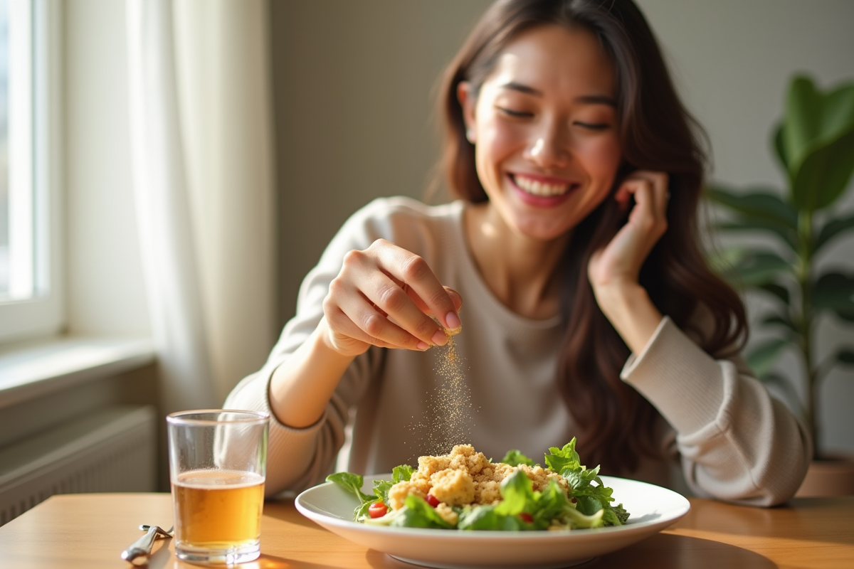 Jeune femme souriante saupoudrant de la levure de bière sur une salade