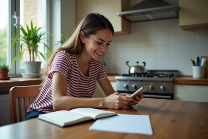 Jeune femme avec smartphone dans cuisine moderne