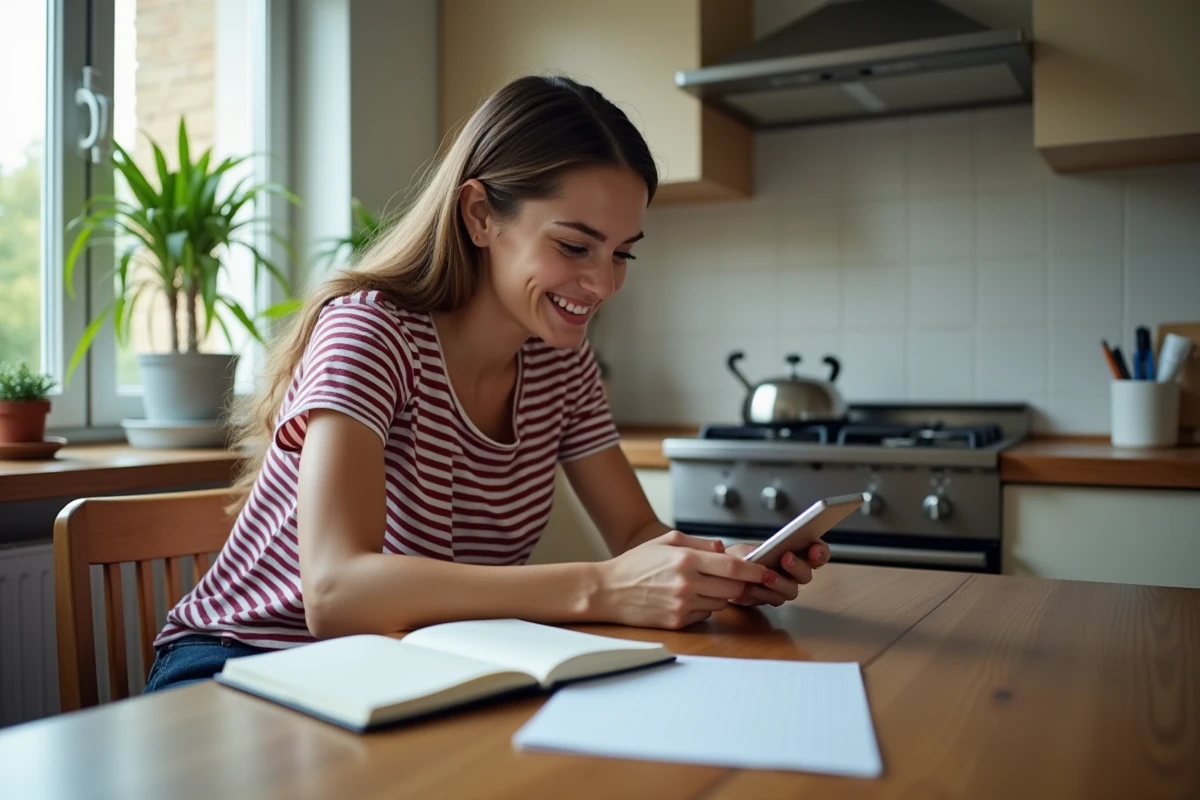 Jeune femme avec smartphone dans cuisine moderne