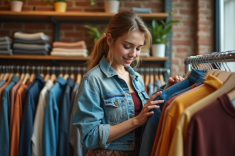 Jeune femme en friperie vintage en train de choisir un vêtement