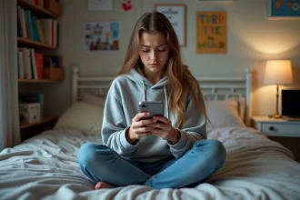 Jeune fille assise sur son lit dans sa chambre avec smartphone