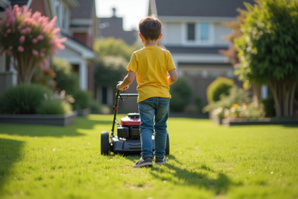 Garçon de 12 ans tondant la pelouse dans un quartier calme