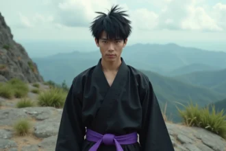 Jeune homme en gi noir sur plateau rocheux avec montagnes