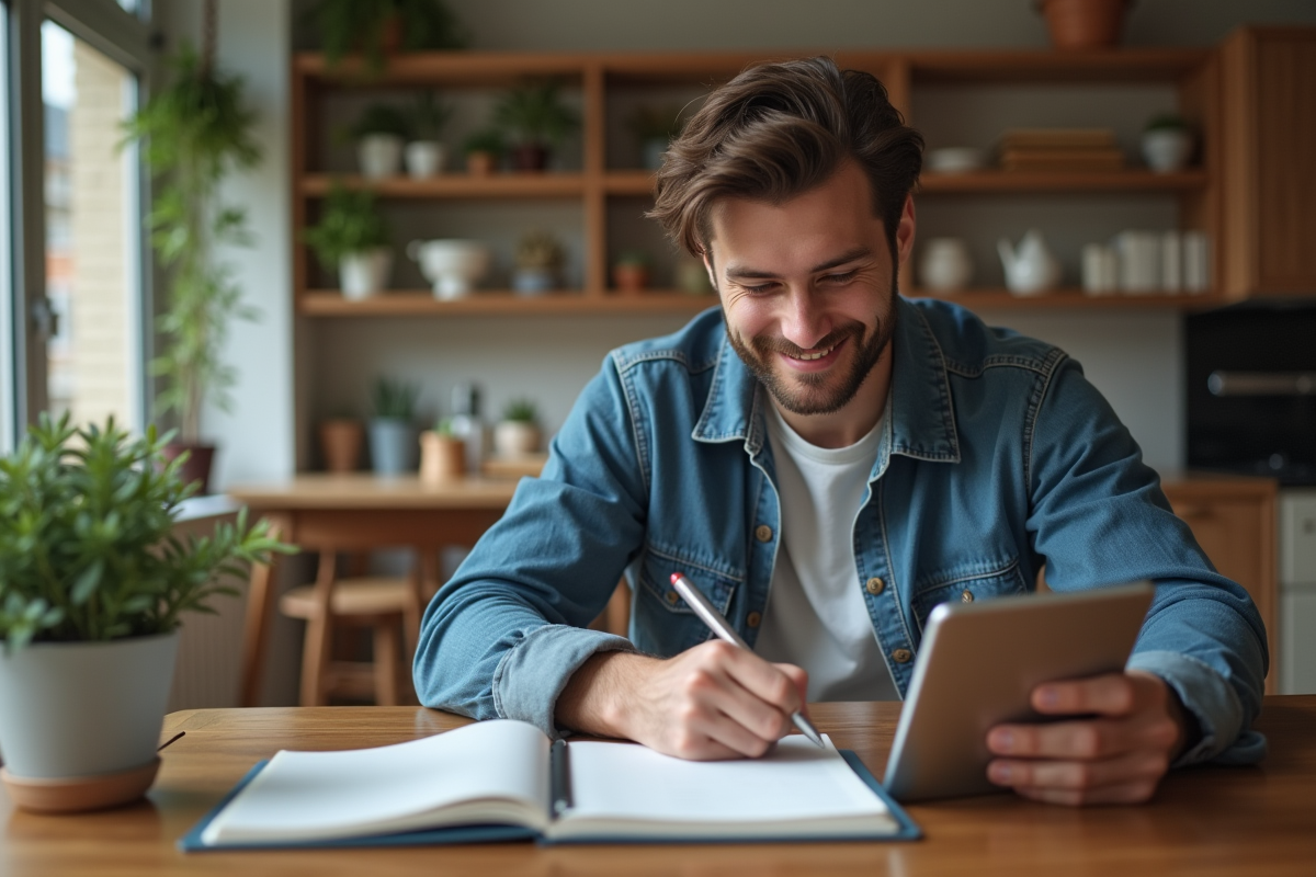 Jeune homme à la maison note son budget personnel