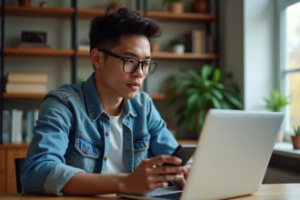 Jeune homme concentré sur son ordinateur dans un bureau moderne