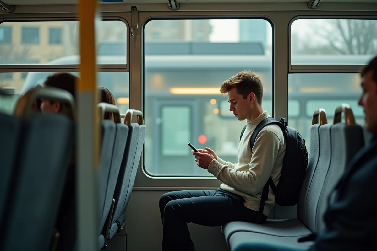 Jeune homme seul dans un bus regardant son téléphone