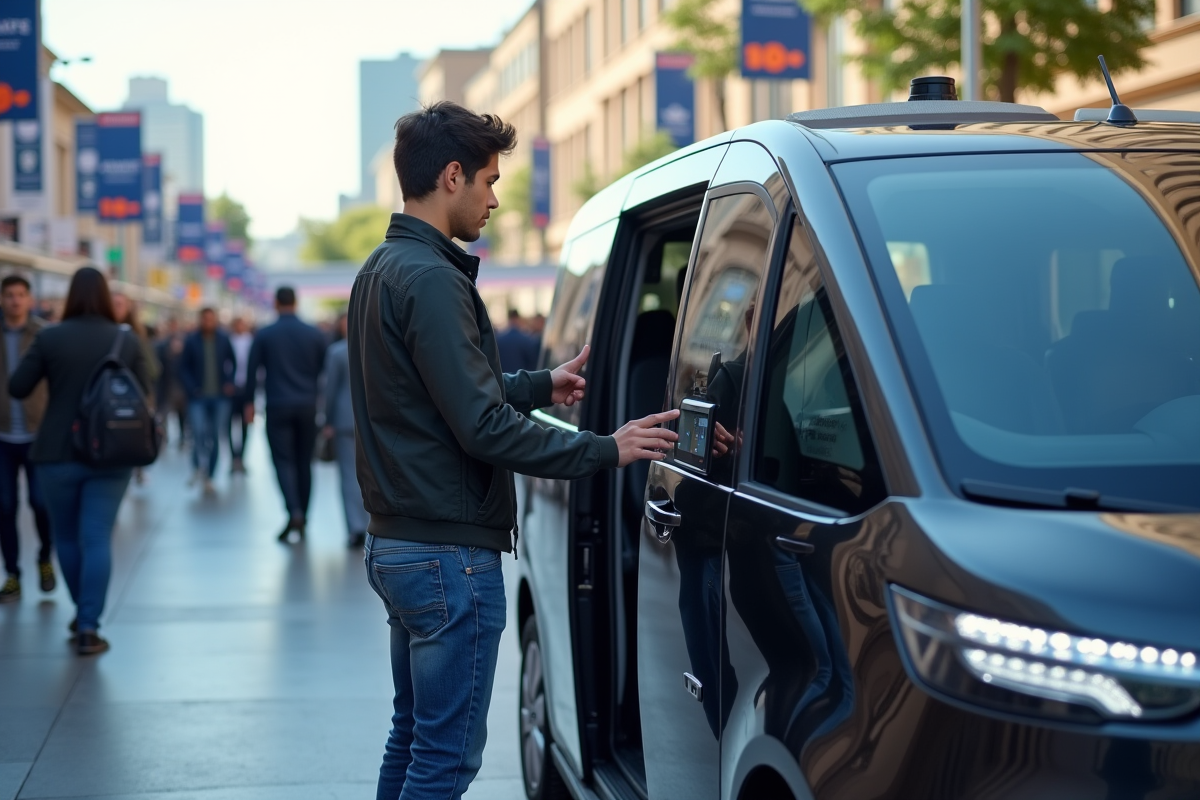 Jeune homme interagissant avec voiture automatisée à l expo