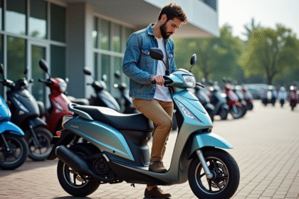 Jeune homme inspectant un scooter Honda Dax 50 cc en extérieur