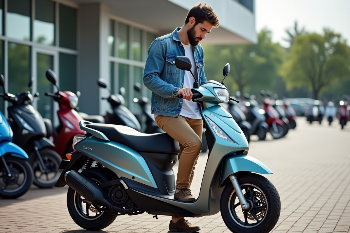 Jeune homme inspectant un scooter Honda Dax 50 cc en extérieur