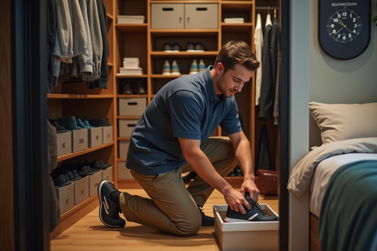 Jeune homme rangeant des chaussures dans un placard organisé