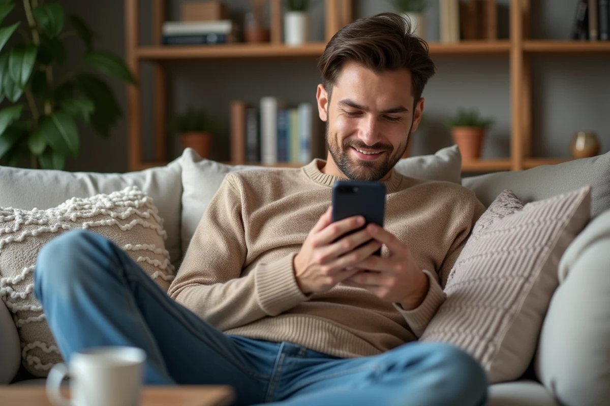 Jeune homme détendu regardant son smartphone dans un salon cosy