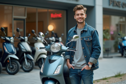 Jeune homme avec scooter neuf devant une concession moderne
