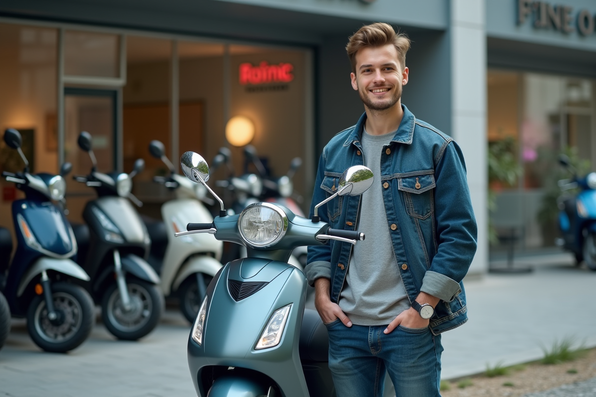 Jeune homme avec scooter neuf devant une concession moderne