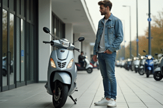 Jeune homme avec scooter en ville pour article sur scooters