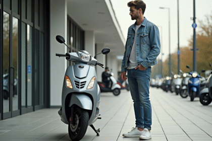Jeune homme avec scooter en ville pour article sur scooters