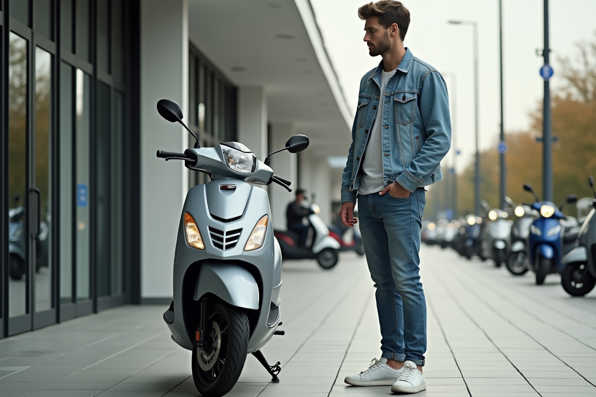 Jeune homme avec scooter en ville pour article sur scooters