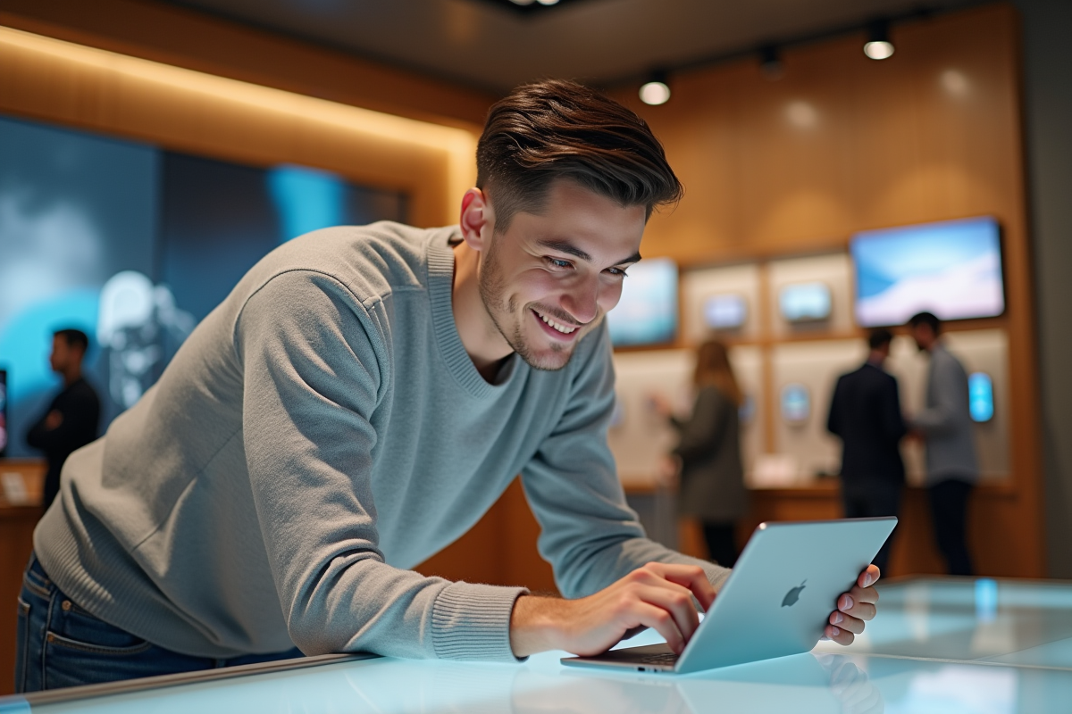 Jeune homme en magasin de technologie testant une tablette