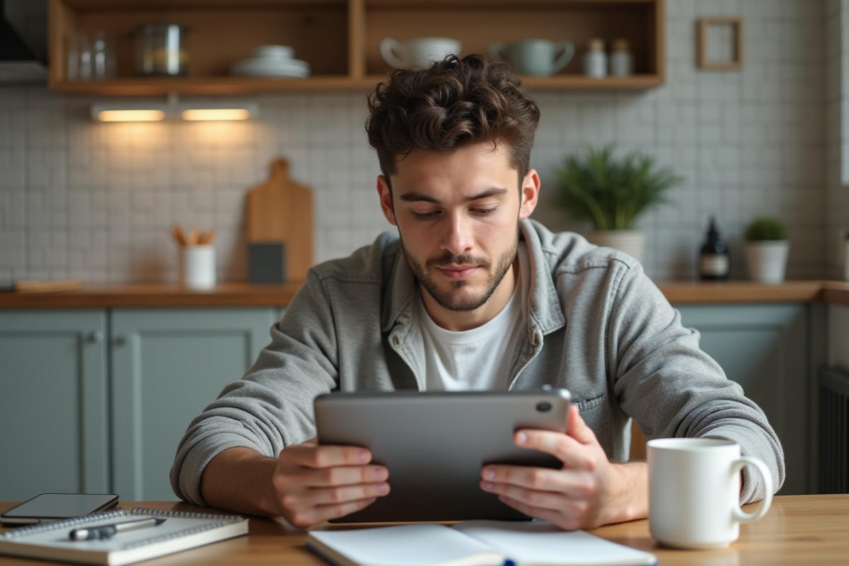 Jeune homme utilisant une tablette dans une cuisine lumineuse