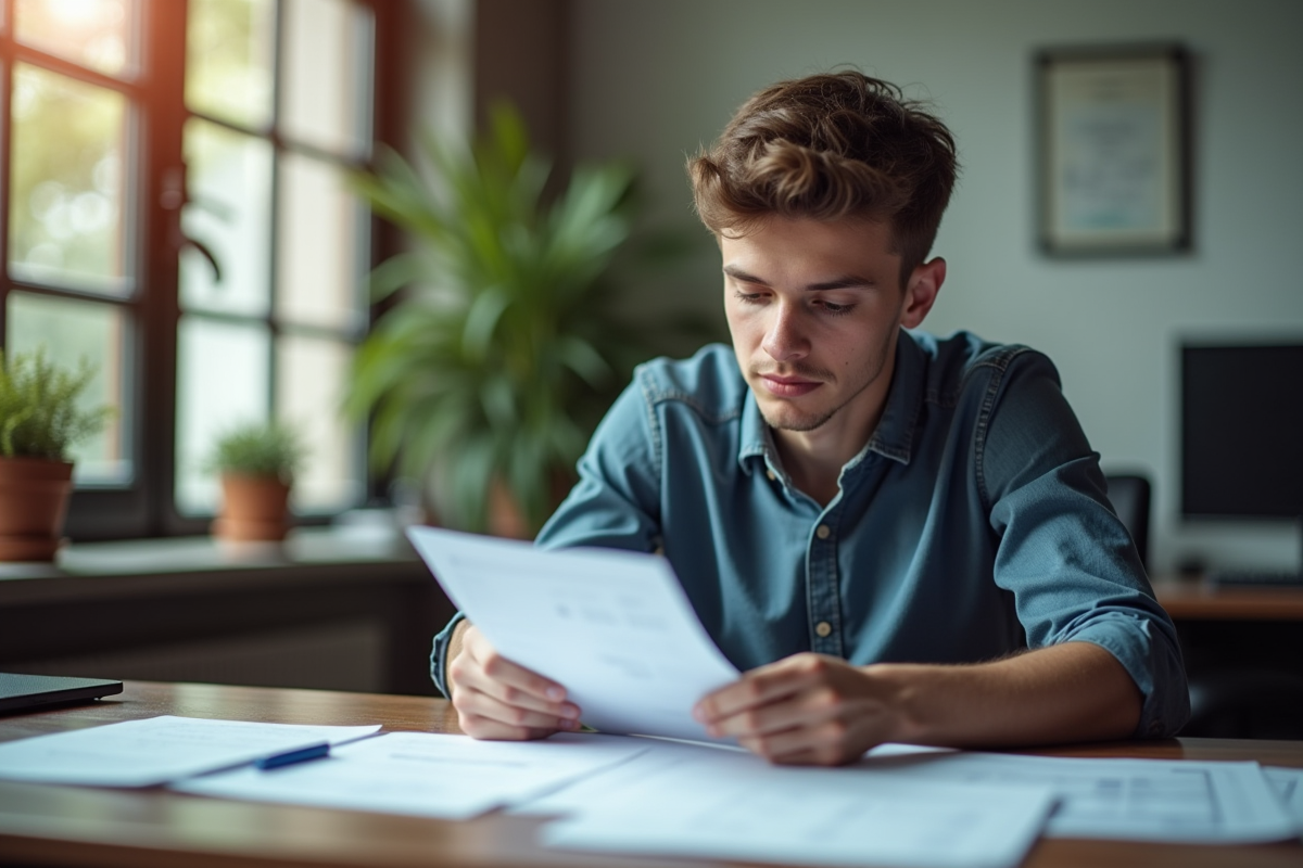 Jeune homme vérifiant documents de demande de permis moto