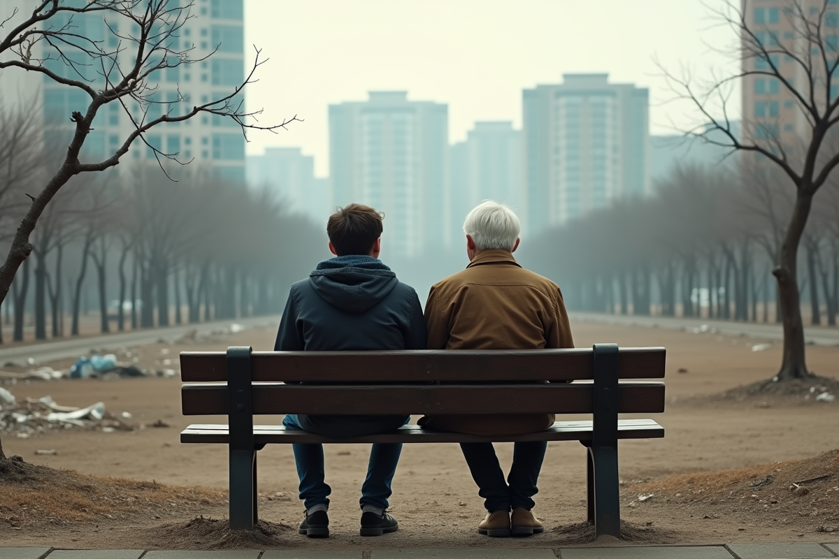 Jeune garçon et homme âgé sur un banc dans un parc urbain