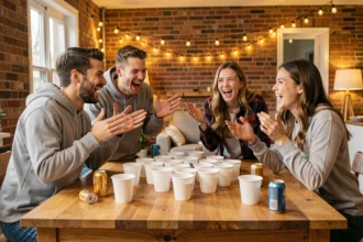 Groupe de jeunes adultes jouant au beer pong autour d'une table en bois lors d'une soirée animée en appartement