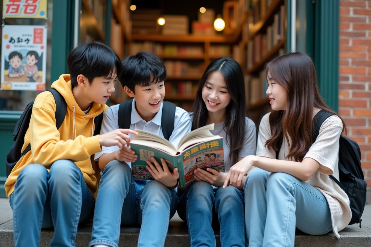 Groupe d adolescents lisant un manga dans la rue animée