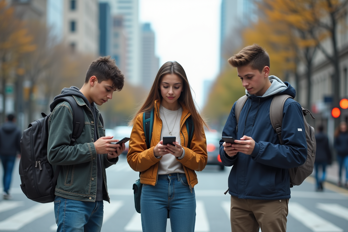 Jeunes divers avec smartphones au passage piéton