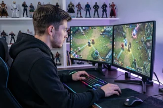 Joueur de League of Legends concentré devant ses écrans dans une salle de gaming moderne
