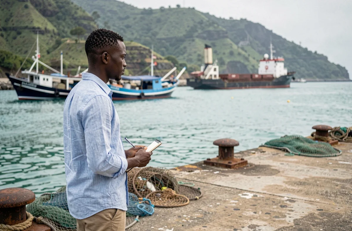 Journaliste comorien prenant des notes sur le port de Mutsamudu à Anjouan, Comores
