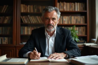 Homme d'âge moyen en portrait dans un bureau de journaliste