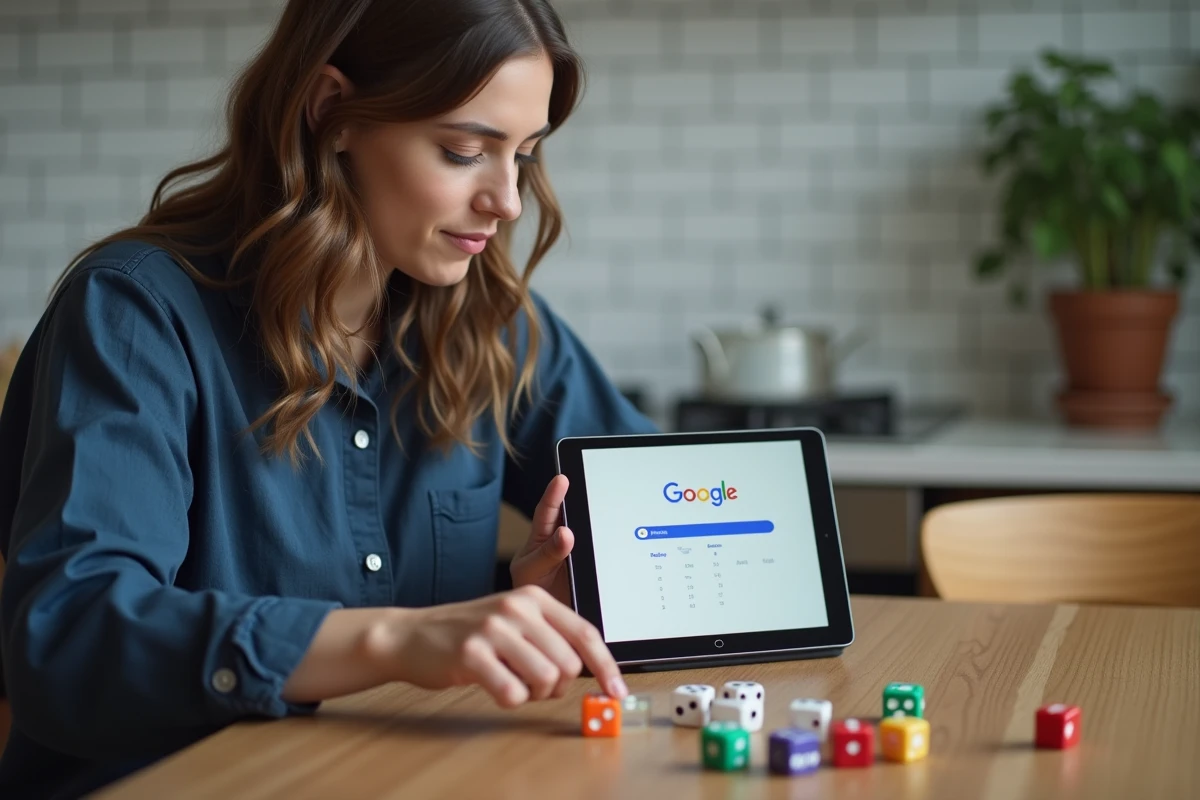 Femme comparant le lanceur de dé Google sur tablette avec des dés de jeu de société colorés sur une table de cuisine